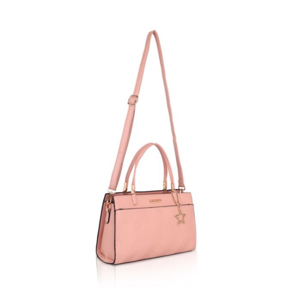 Pink faux leather textured adjustable long belt handbag with dual handle and zipper closure