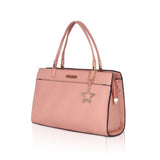 Pink faux leather textured adjustable long belt handbag with dual handle and zipper closure