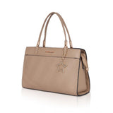 Khaki faux leather textured adjustable long belt handbag with dual handle and zipper closure