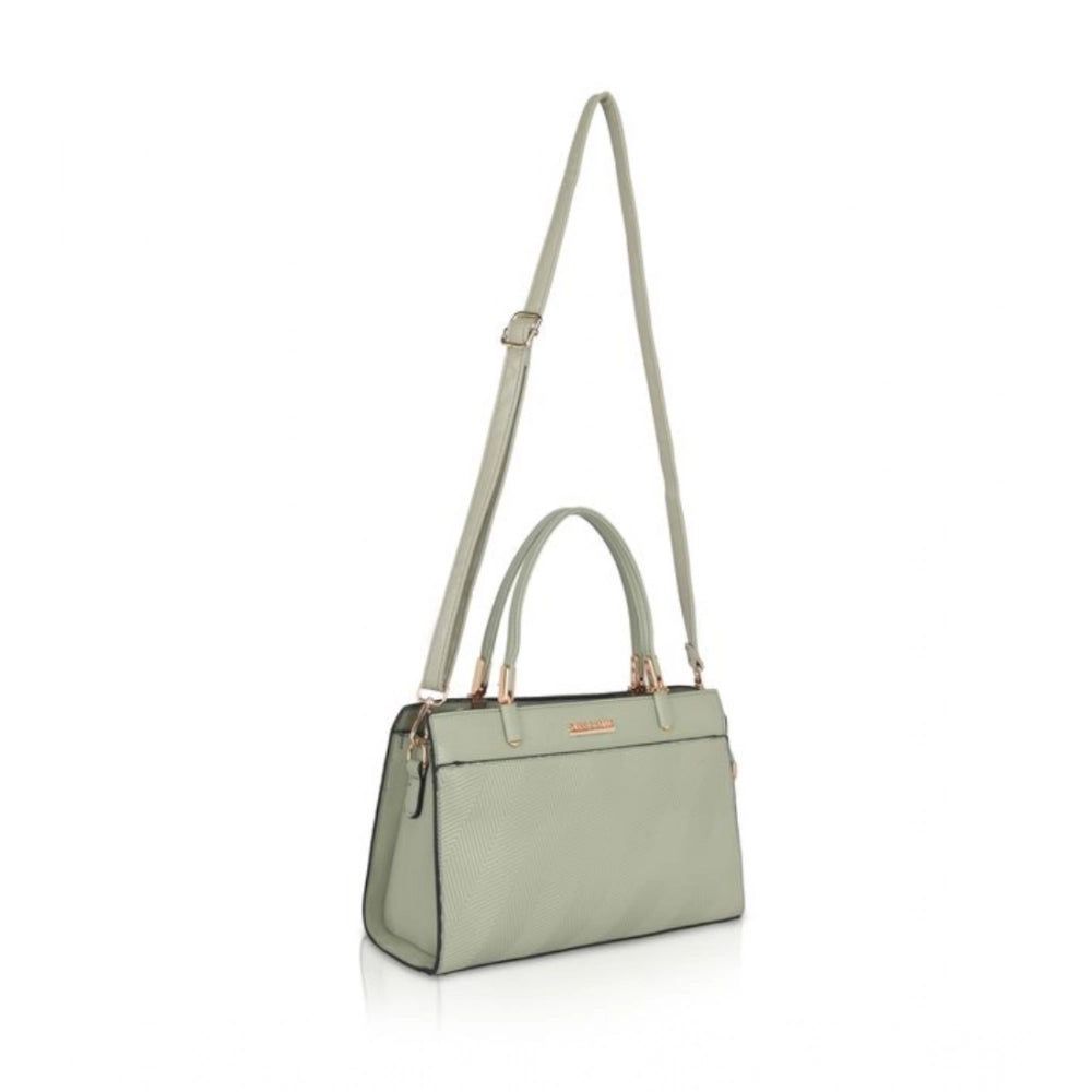 Green textured faux leather adjustable long belt handbag with dual handles and zipper closure