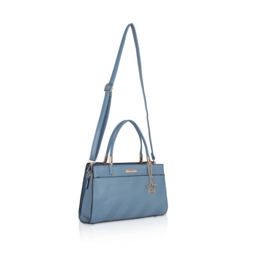 Blue faux leather textured adjustable long belt handbag with dual handle, synthetic inner material and zipper closure