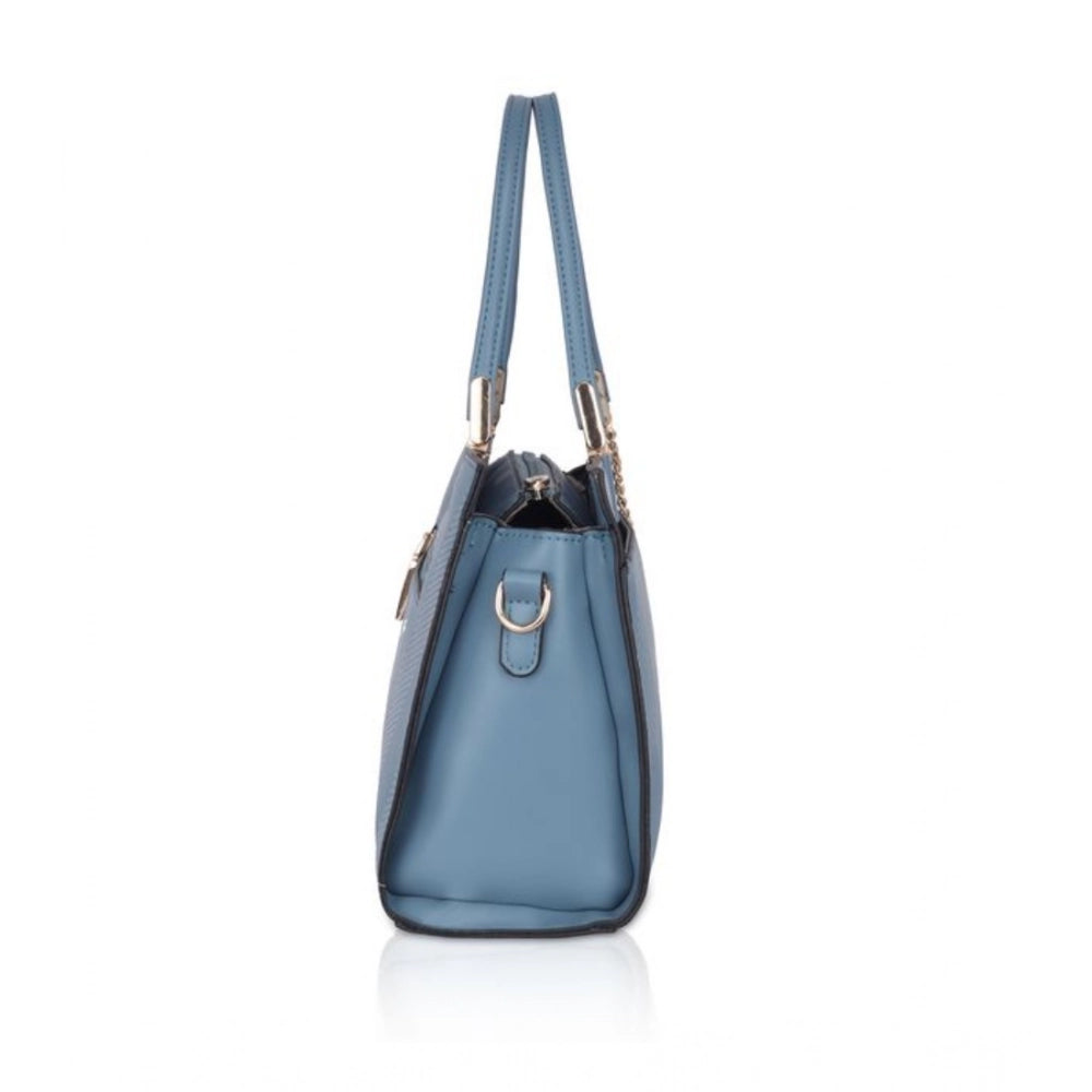 Blue faux leather textured adjustable long belt handbag with dual handles and zipper closure