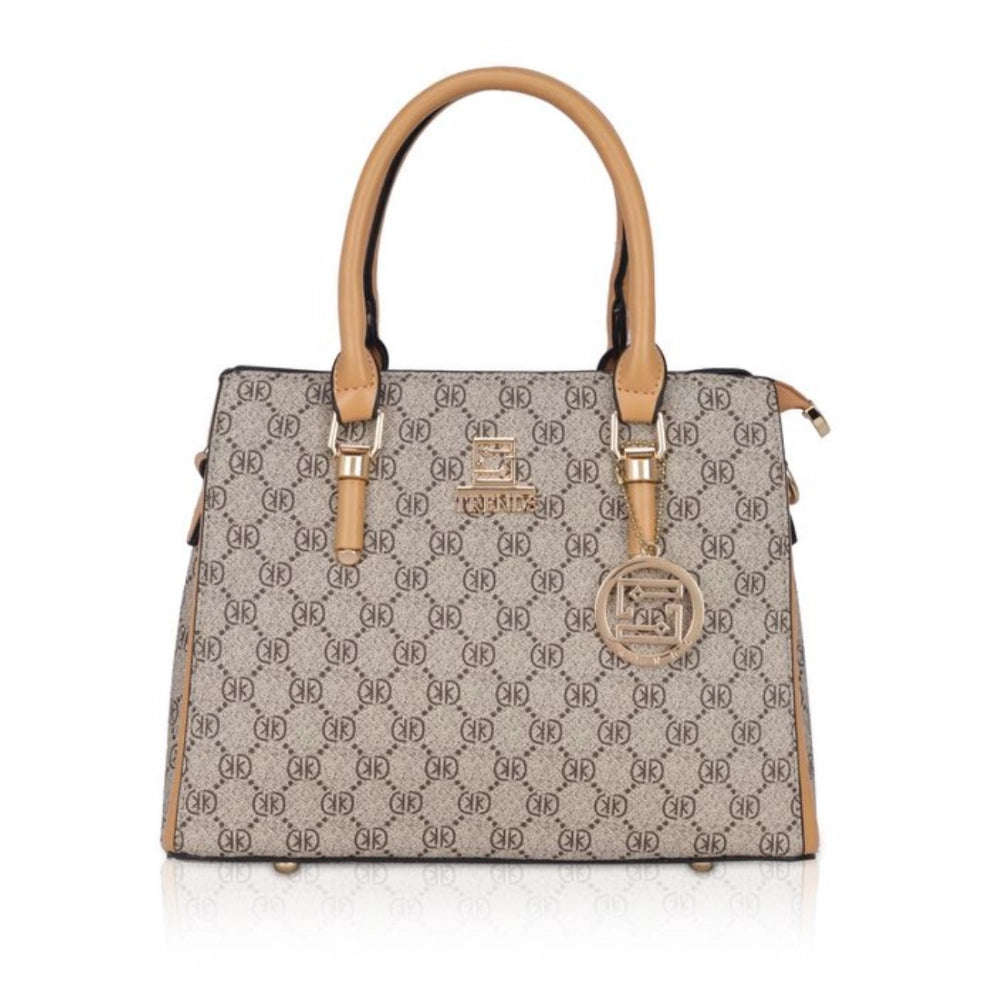 Camel faux leather printed handbag with dual handle, synthetic lining and zipper closure