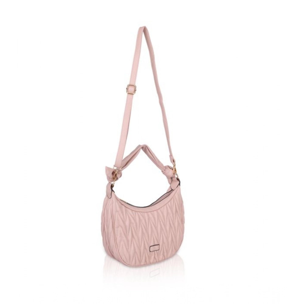 Pink faux leather textured handbag with dual handle, synthetic lining and zipper closure