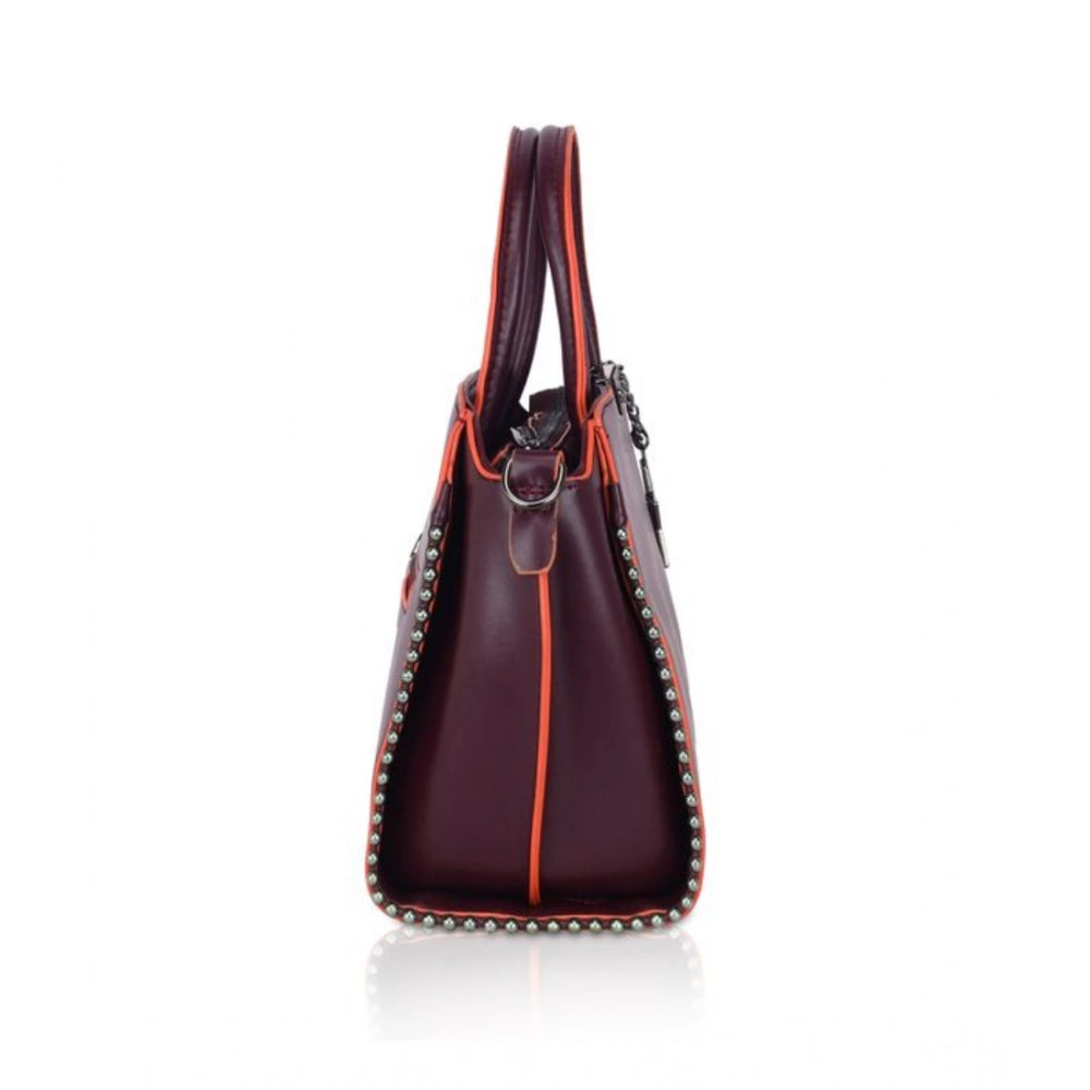 Wine red faux leather metal beads handbag, durable synthetic interior with zipper closure and dual handle design