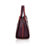 Wine red faux leather metal beads handbag, durable synthetic interior with zipper closure and dual handle design