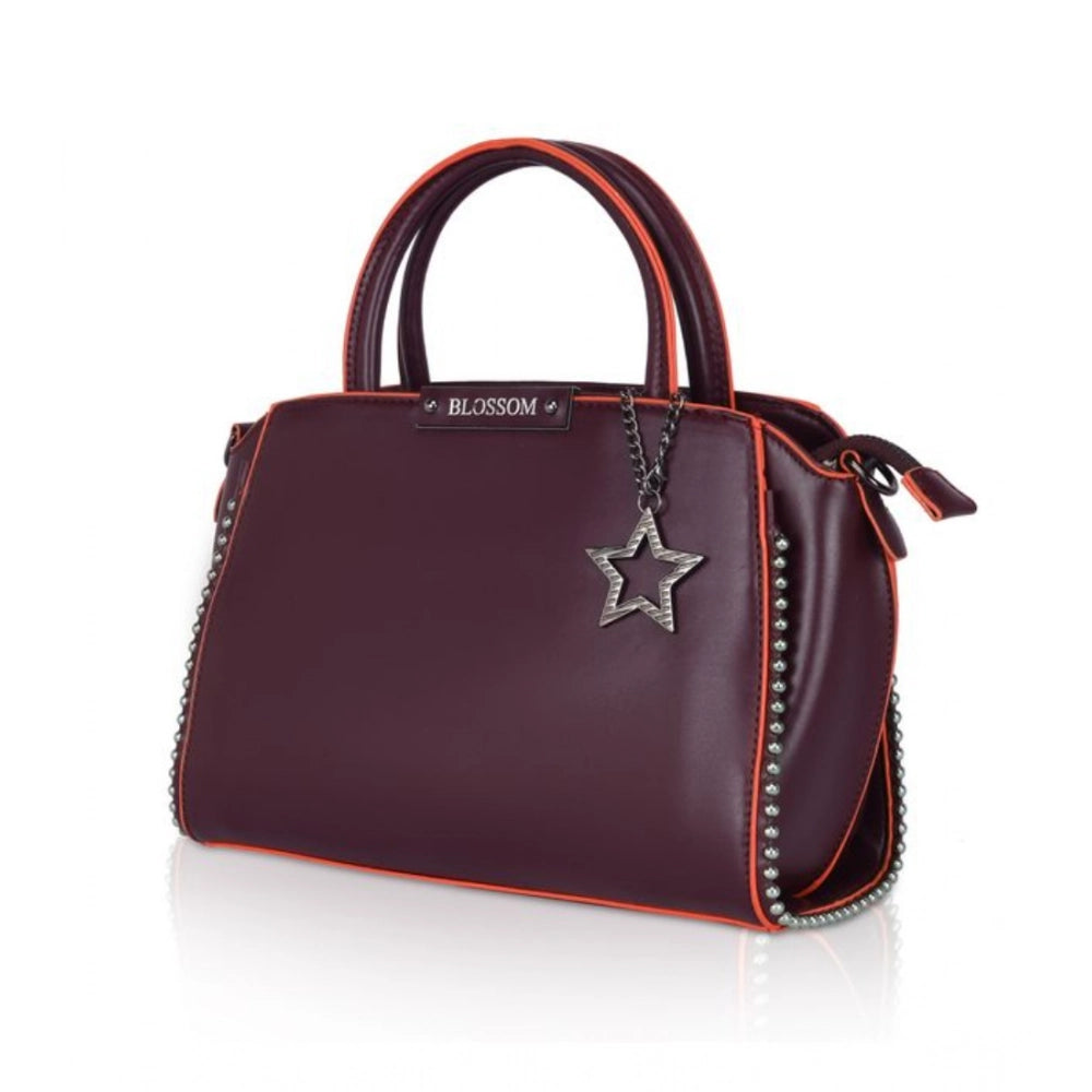 Wine red faux leather beads handbag with metal accents, dual handle design