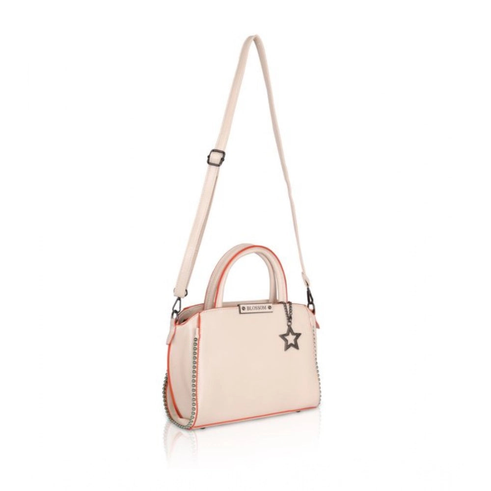 Pink faux leather metal beads handbag with dual handle, synthetic lining, and zipper closure