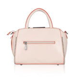 Pink faux leather metal beads handbag with dual handle, zipped closure