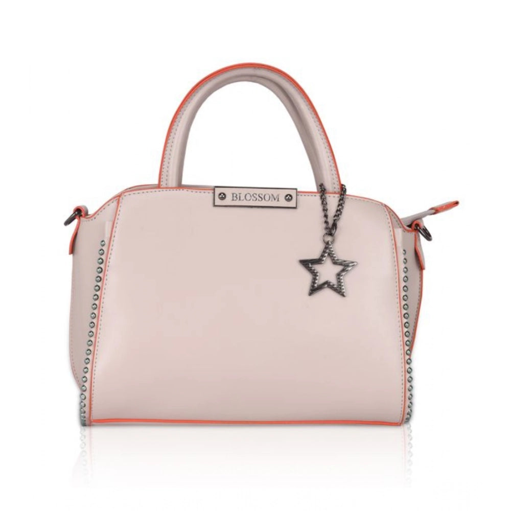 Khaki faux leather metal beads handbag with dual handle, zipper closure, and intricate bead detailing