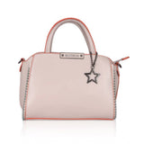 Khaki faux leather metal beads handbag with dual handle, zipper closure, and intricate bead detailing