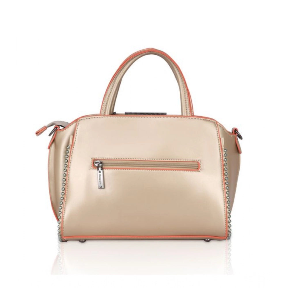 Gold faux leather handbag with metal beads pattern, dual handle strap and zipper closure