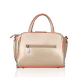 Gold faux leather handbag with metal beads pattern, dual handle strap and zipper closure