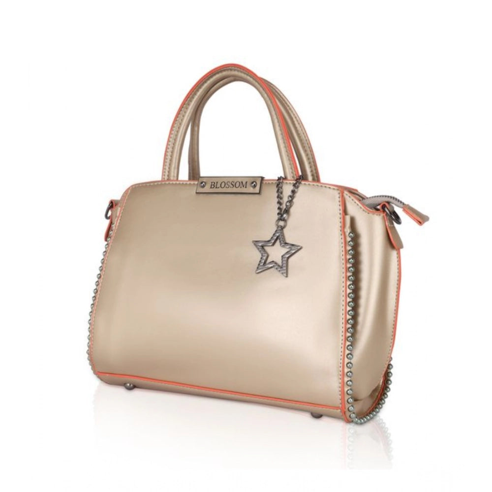 Gold faux leather handbag with metal beads pattern, dual handle and zipper closure