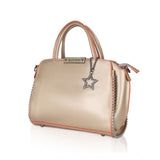 Gold faux leather handbag with metal beads pattern, dual handle and zipper closure