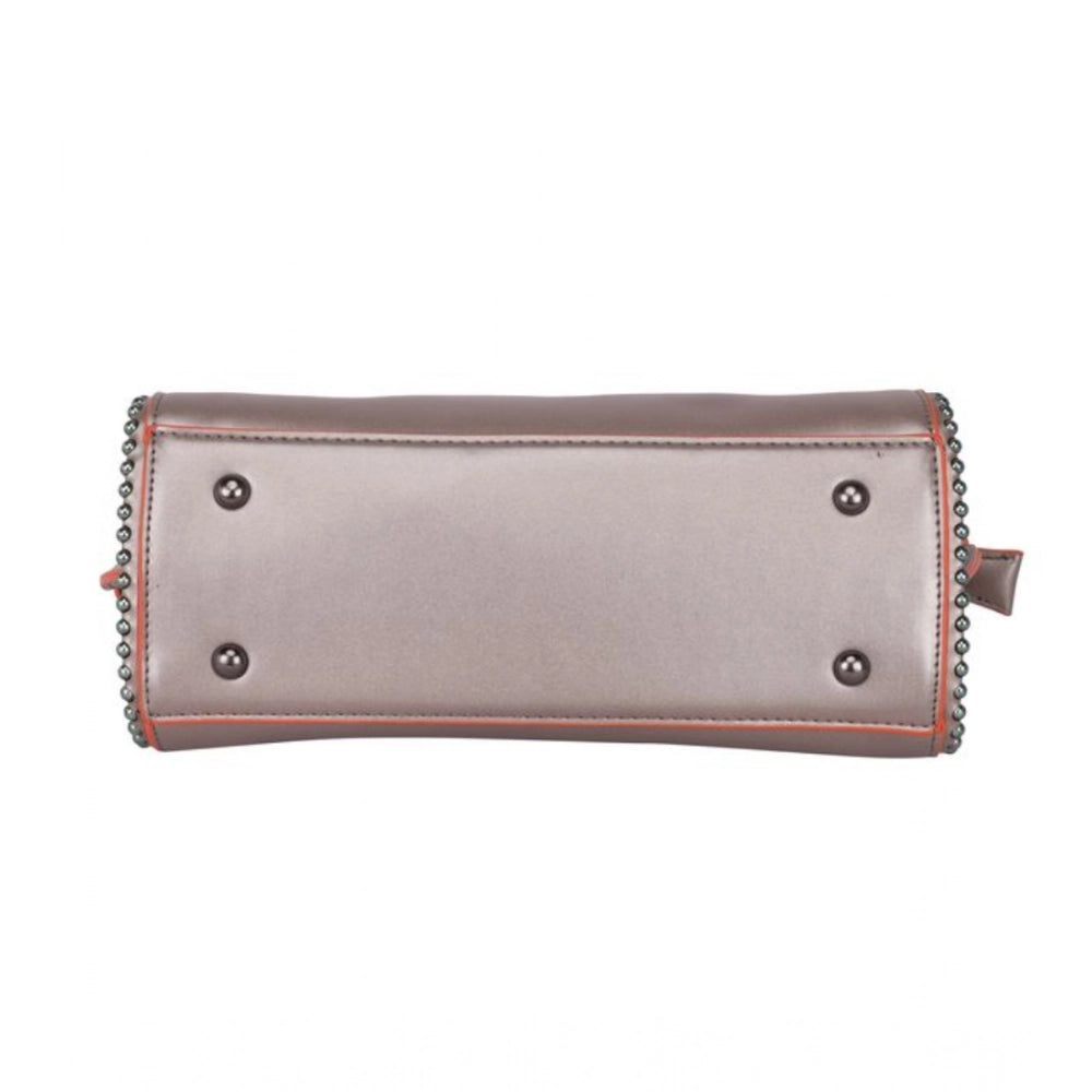 Bronze faux leather handbag with metal beads, dual handle, zipper closure for women's fashion accessories