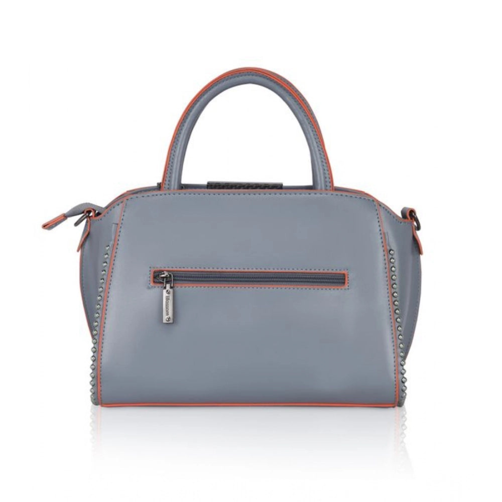 Grey faux leather metal beads handbag with dual handle, zipper closure