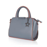 Grey faux leather metal beads handbag with dual handle and zipper closure