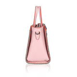 Pink faux leather metal beads handbag with dual handle and zipper closure