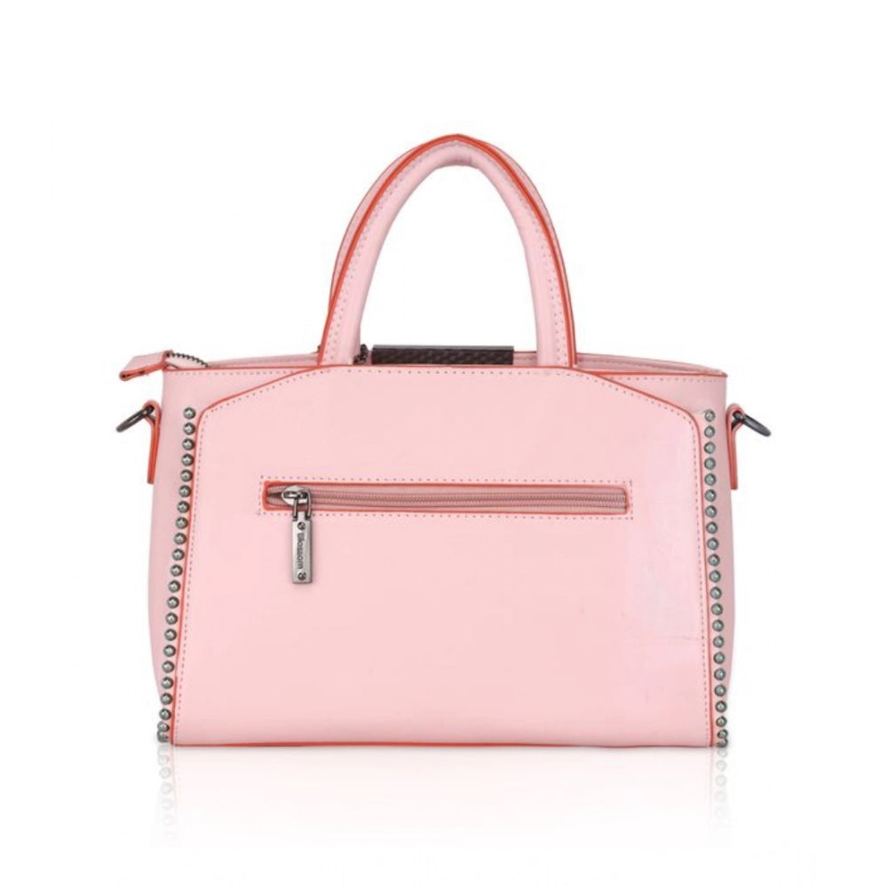 Pink faux leather metal beads handbag with dual handle, zipper closure
