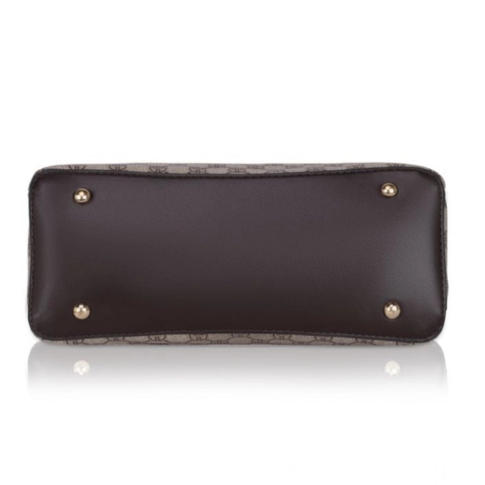 Coffee faux leather printed handbag with dual handle, synthetic inner material, and zipper closure