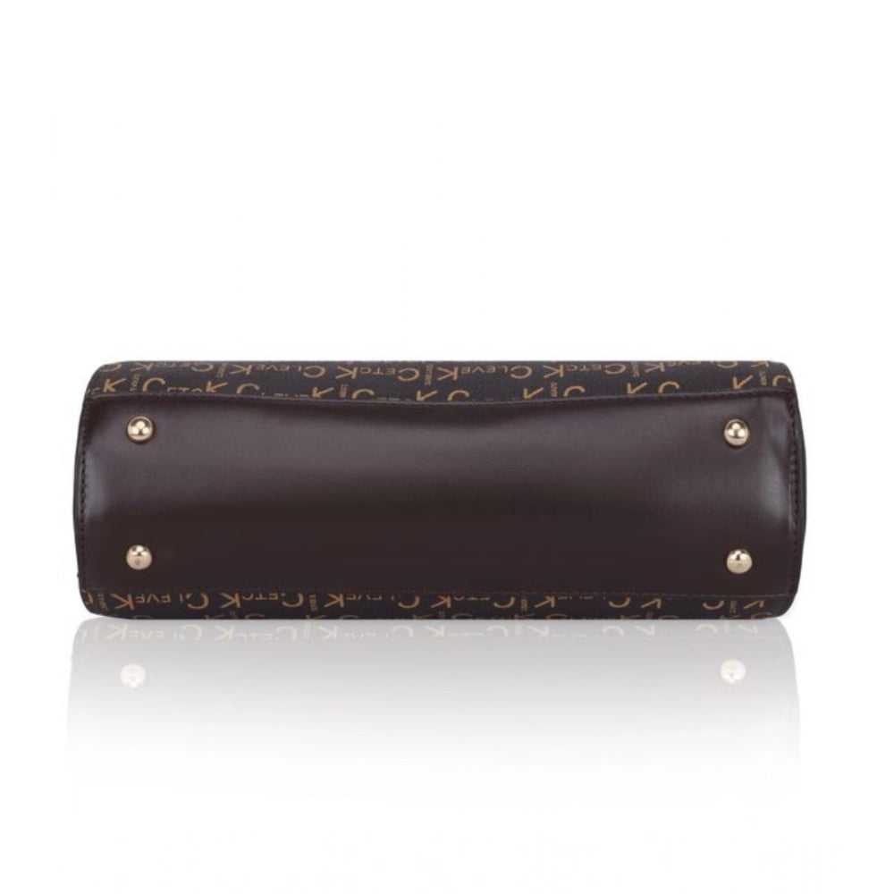 Coffee faux leather printed women's handbag with dual handle, synthetic lining, and zipper closure