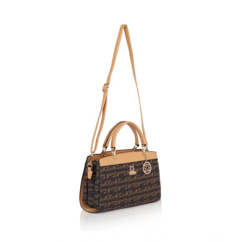 Camel faux leather printed handbag with dual handle, synthetic lining, and zipper closure