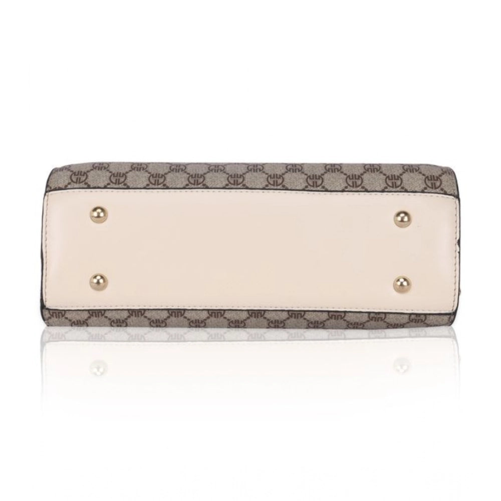 Beige faux leather printed handbag with dual handle, featuring synthetic inner material and zipper closure