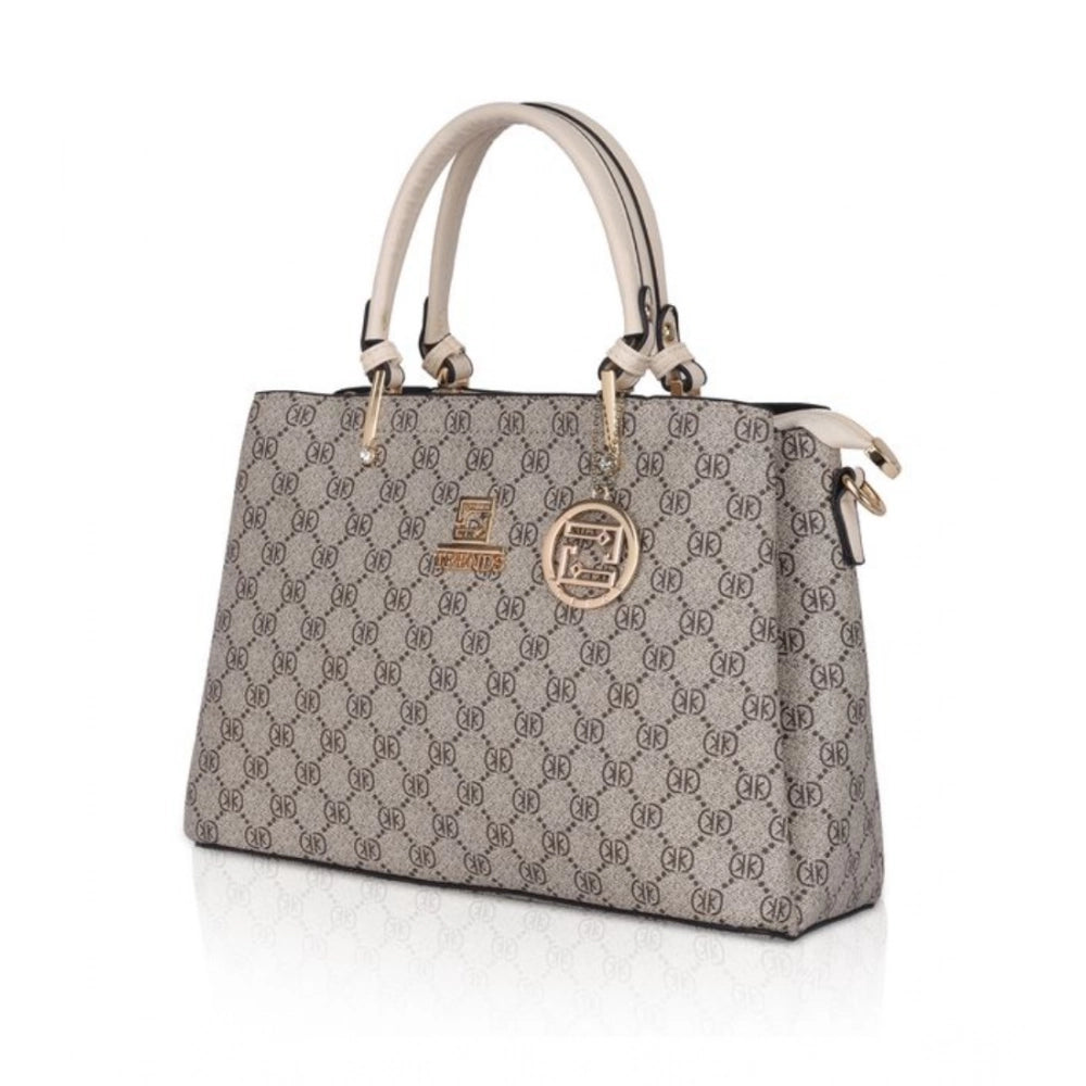 Beige faux leather printed handbag with dual handles, synthetic lining and zipper closure