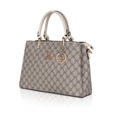 Beige faux leather printed handbag with dual handles, synthetic lining and zipper closure