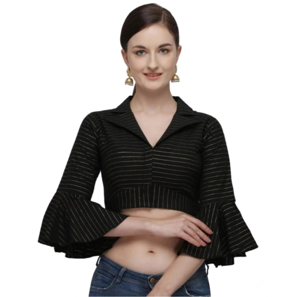 Black cotton striped readymade blouse for women with 3/4 sleeves and shirt collar, free size