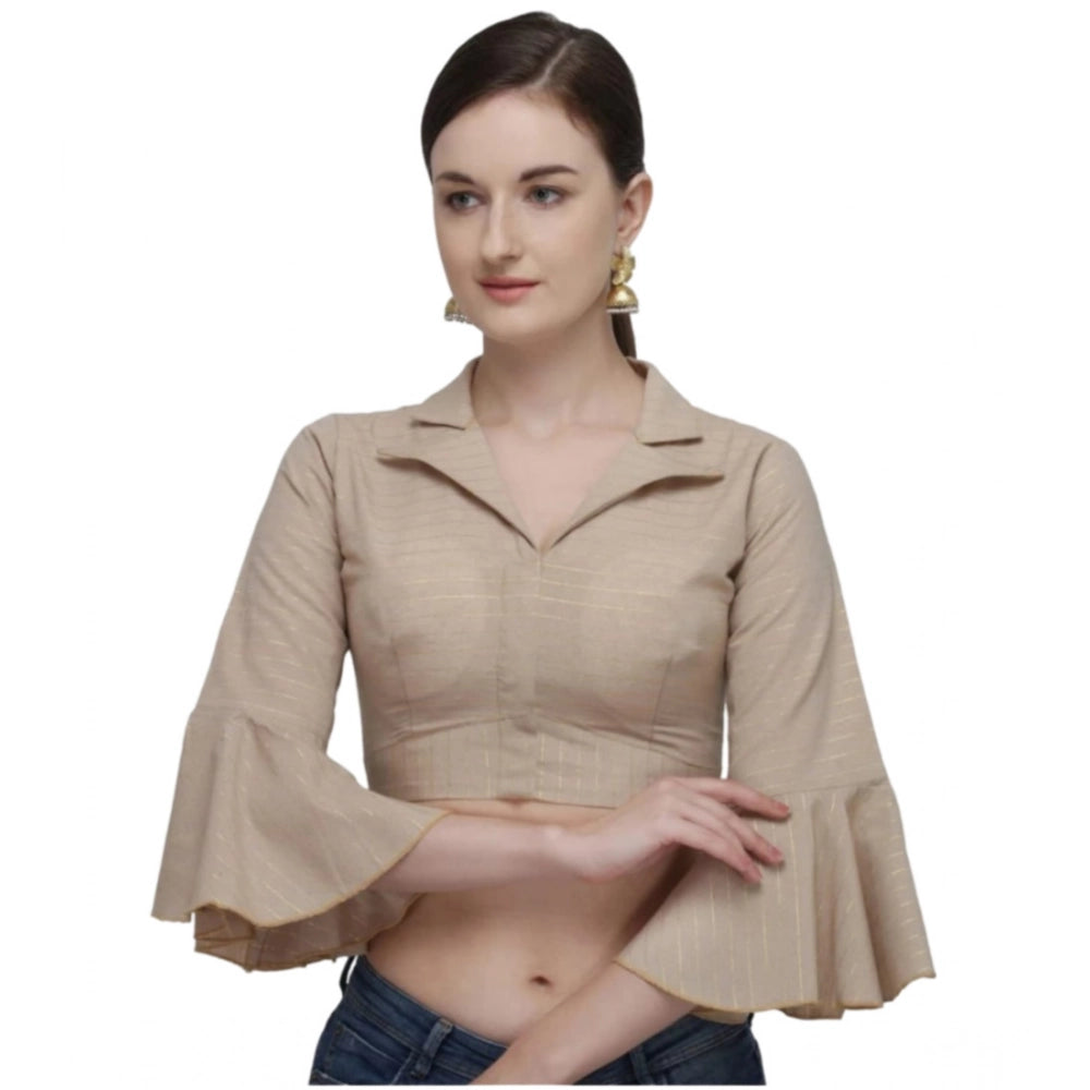 Beige free size cotton striped readymade blouse for women - 3/4 sleeve, shirt collar style