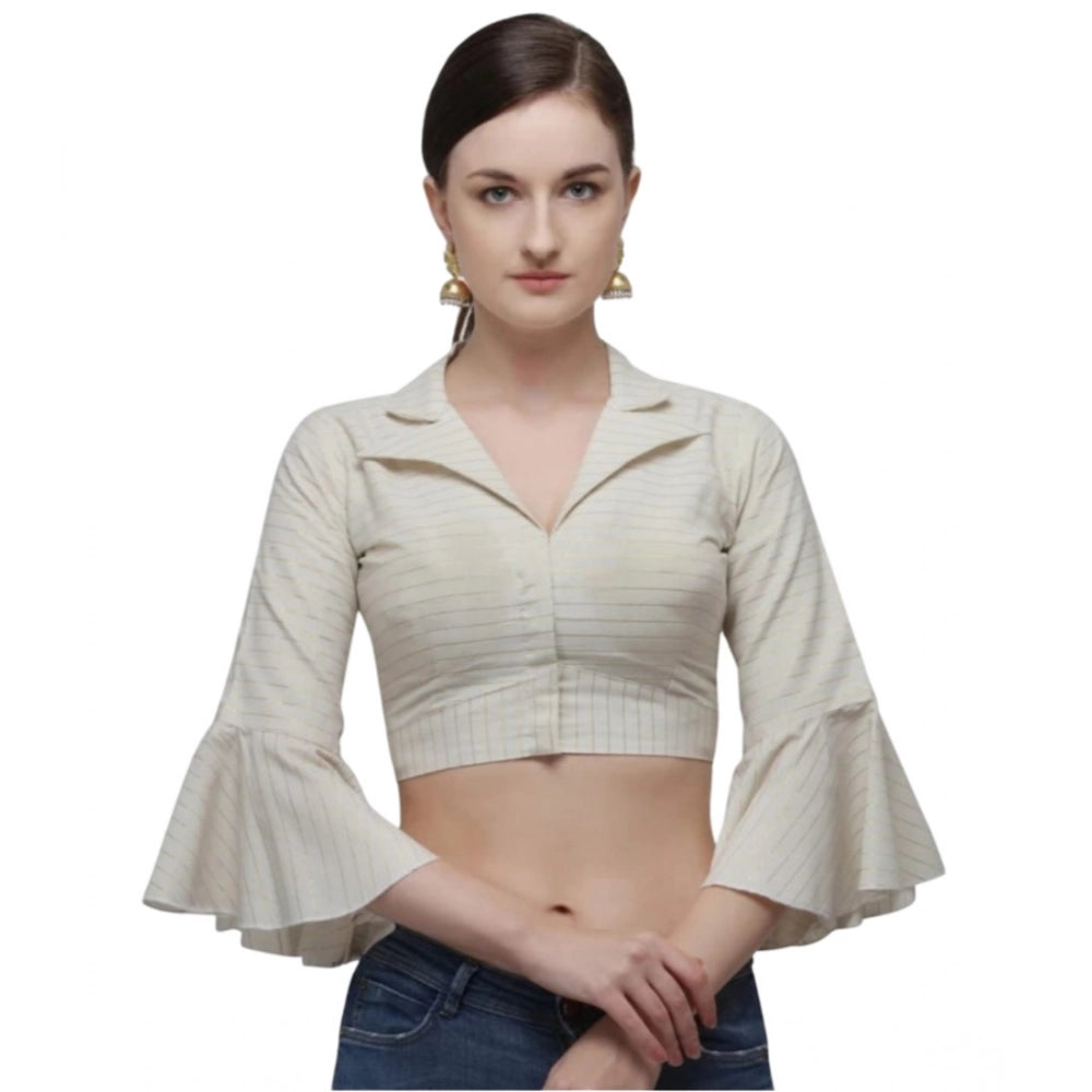 Beige free size striped cotton blouse for women - ready-made, 3/4 sleeve with shirt collar