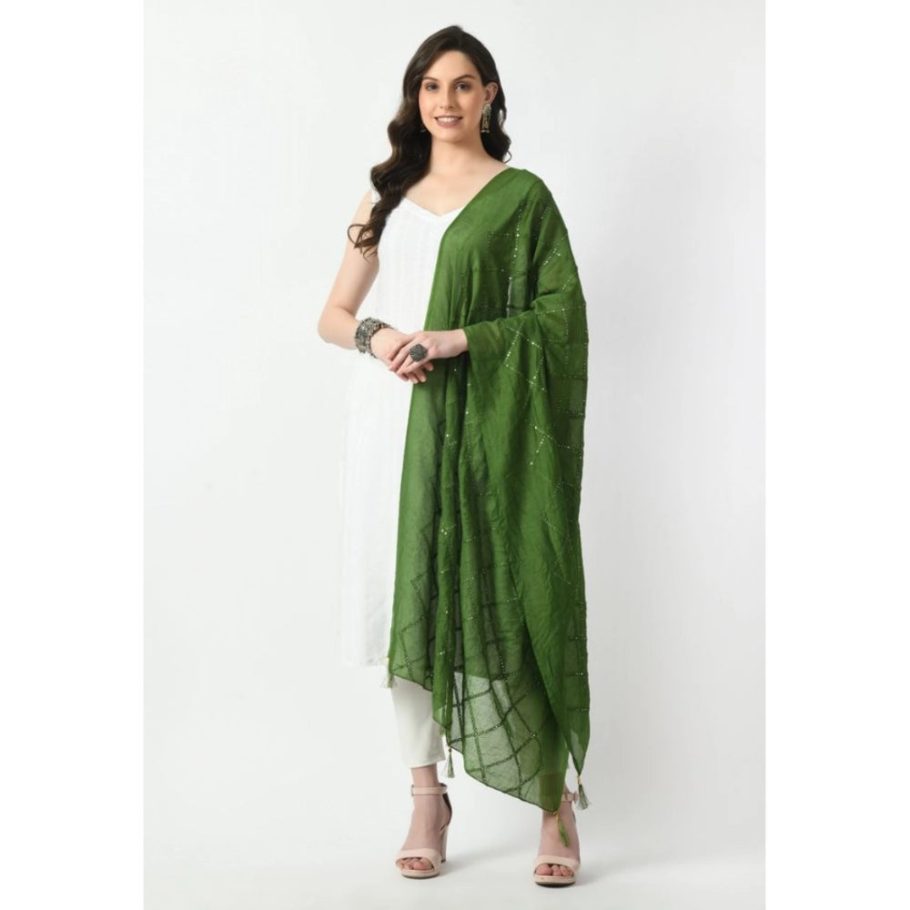 Green Chanderi self-design dupatta for festive occasions, free size length