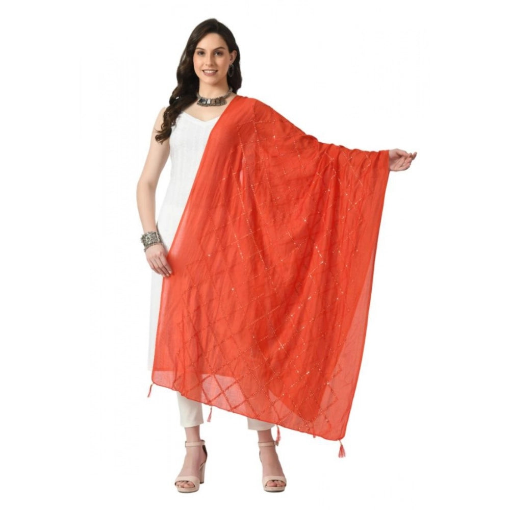 Orange Chanderi self-design dupatta for festive occasions, free size length