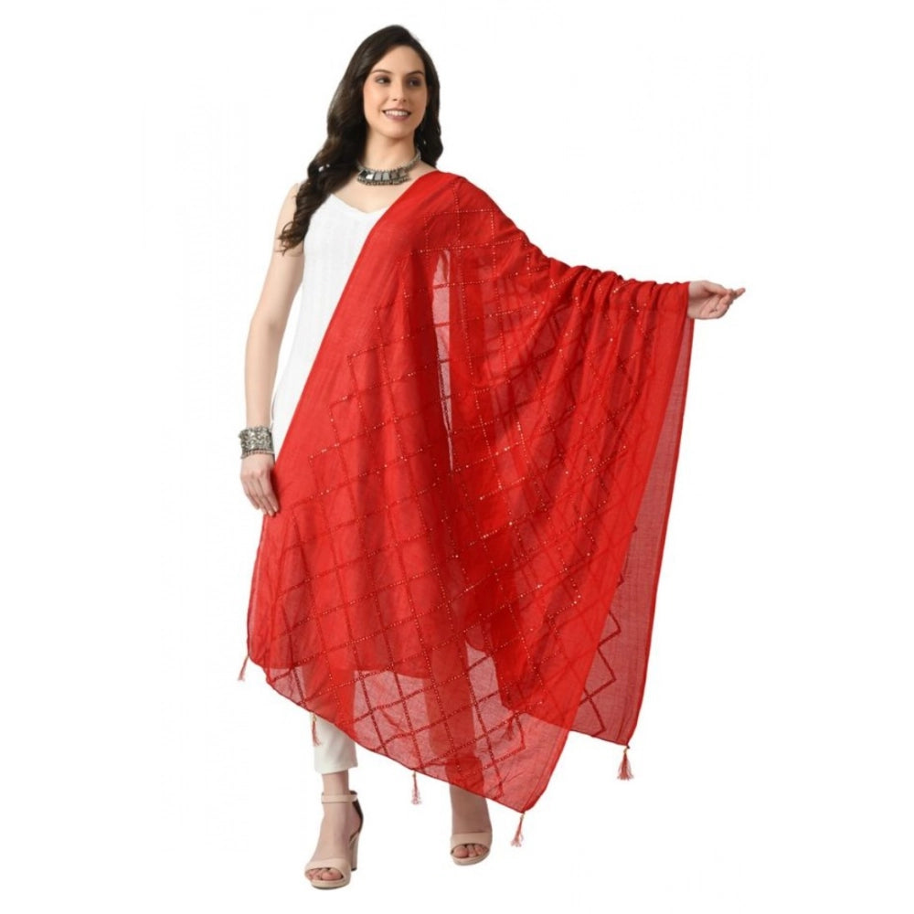 Red Chanderi self-design dupatta for festive occasions, free size length