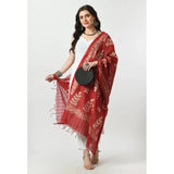 Red cotton printed dupatta, free size for festive occasions