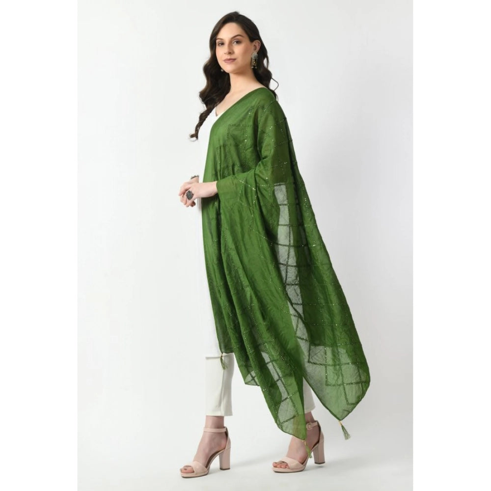 Green Chanderi self-design dupatta for festive occasions, free size length