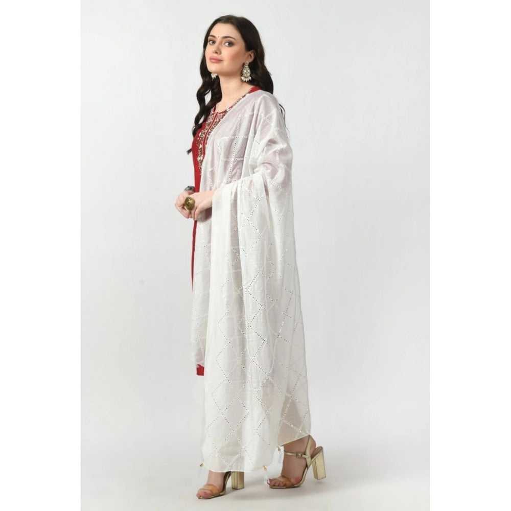 White Chanderi self-design dupatta for festive occasions, free size length