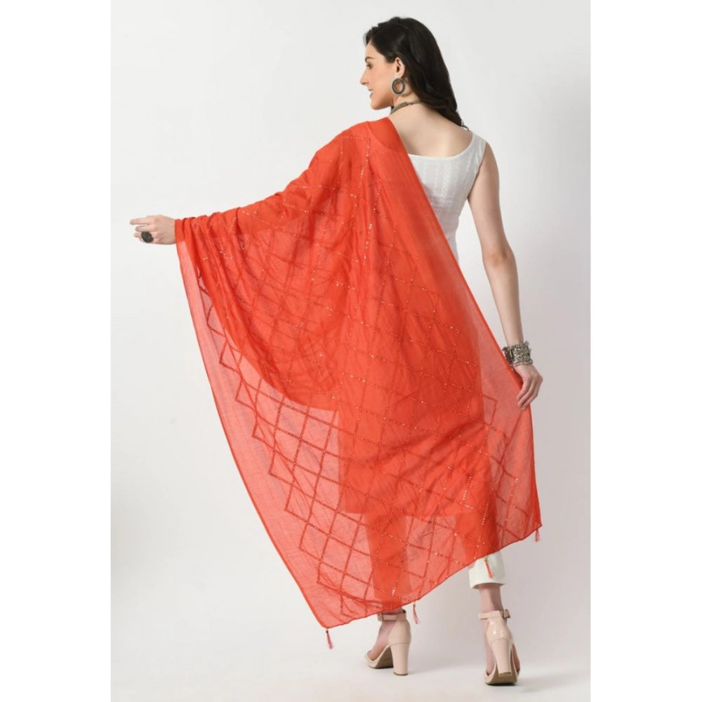 Orange Chanderi self-design dupatta for women's festive attire, free size length
