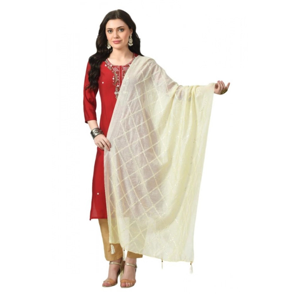 Off-white Chanderi self-design dupatta for women's festive occasions, free size length, vibrant pattern detail