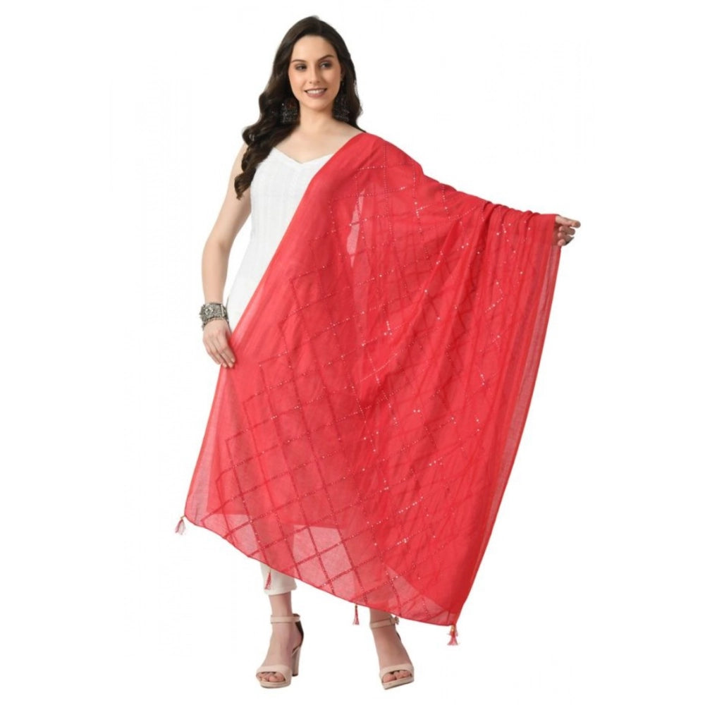 Rani colored Chanderi self-design dupatta for festive occasions, free size length