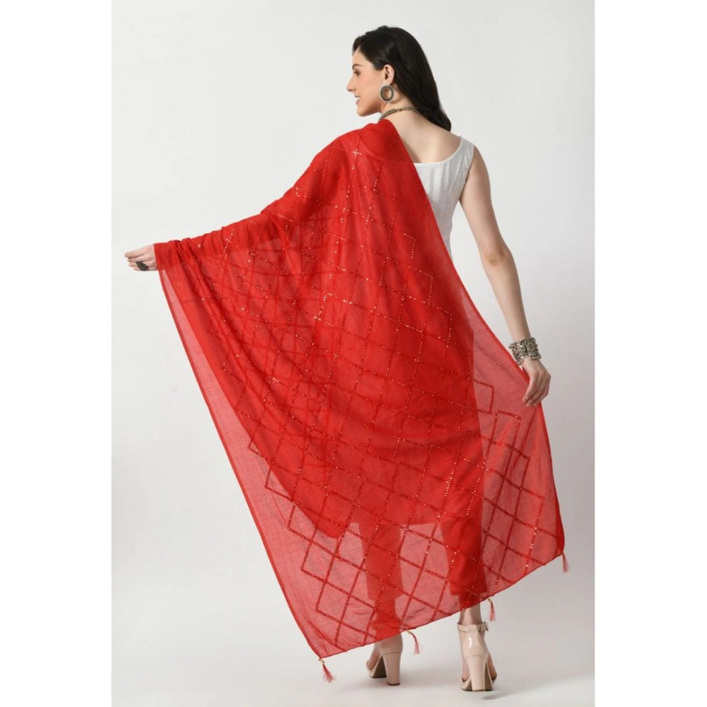Red Chanderi self-design dupatta for festive occasions, free size length