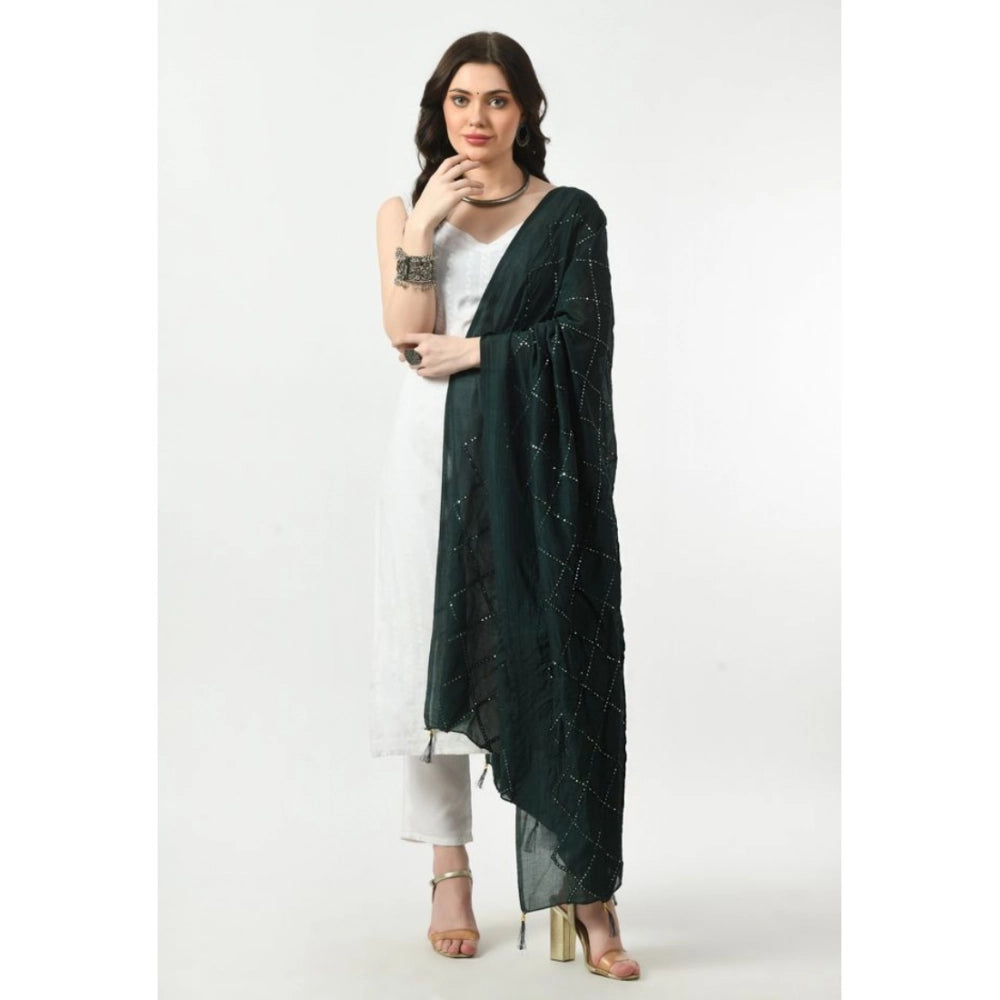 Green Chanderi self-design dupatta for festive occasions, free size length