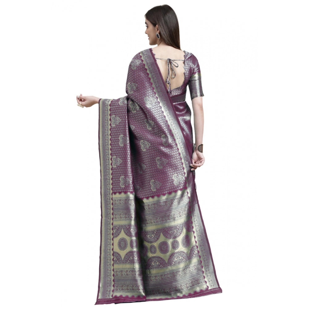Women's Banarasi Silk Designer Weaving Saree With Unstitched Blouse (Purple, 5.50 Mtrs) - GillKart