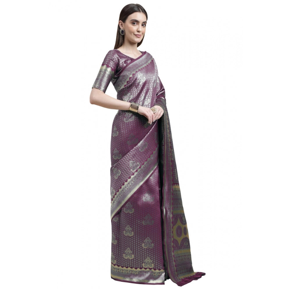 Women's Banarasi Silk Designer Weaving Saree With Unstitched Blouse (Purple, 5.50 Mtrs) - GillKart