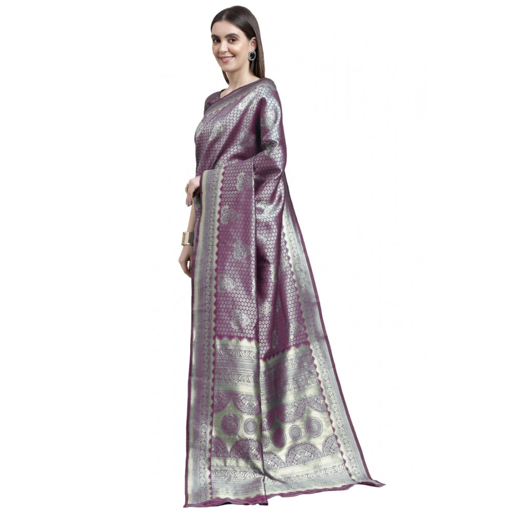Women's Banarasi Silk Designer Weaving Saree With Unstitched Blouse (Purple, 5.50 Mtrs) - GillKart