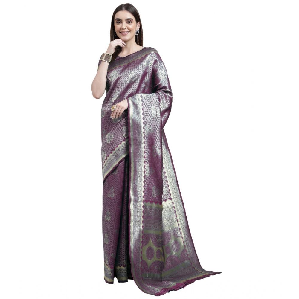Women's Banarasi Silk Designer Weaving Saree With Unstitched Blouse (Purple, 5.50 Mtrs) - GillKart