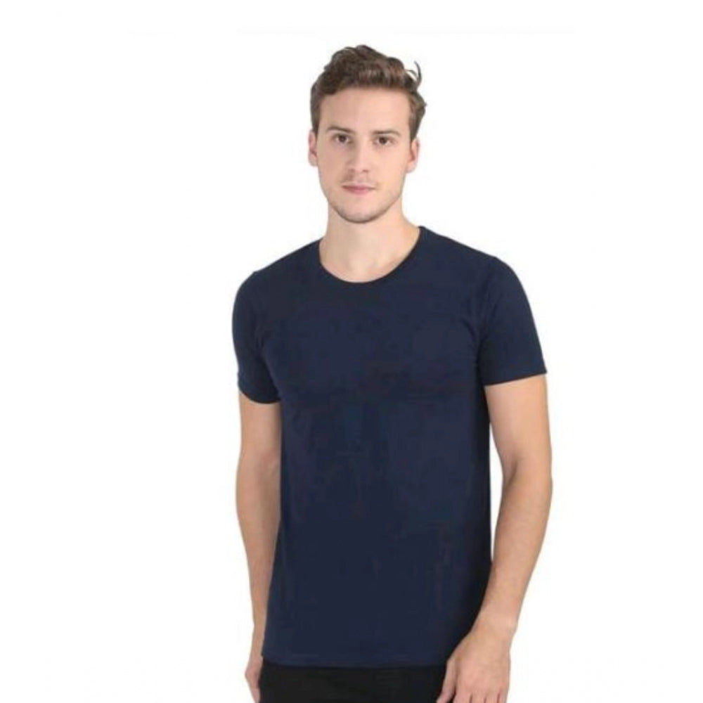Navy blue cotton men's casual short sleeve solid round neck T-shirt for regular fit