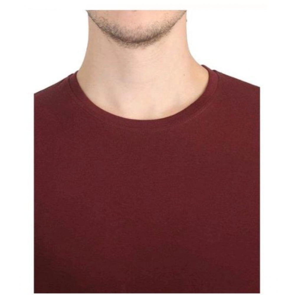 Maroon cotton men's casual short sleeves round neck T-shirt, solid design on display
